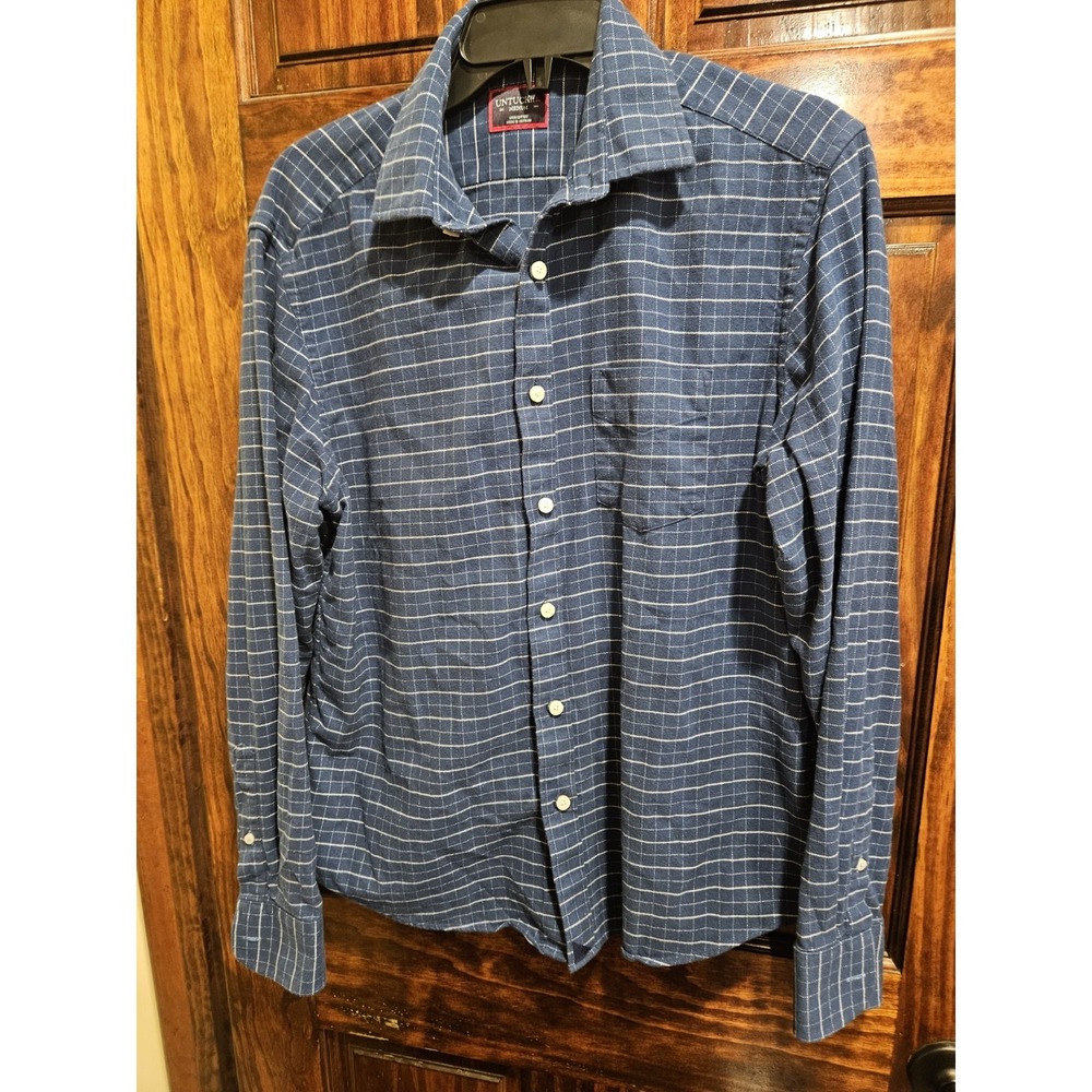 UNTUCKit Mens Medium Blue White Grid 100% Cotton Long Sleeve Button Up Shirt